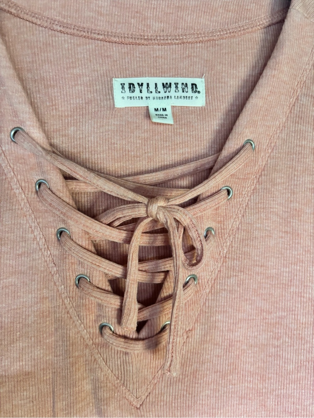 Idyllwind Miranda Lambert Peach NWT Ribbed Lace-Up short Sleeve Top